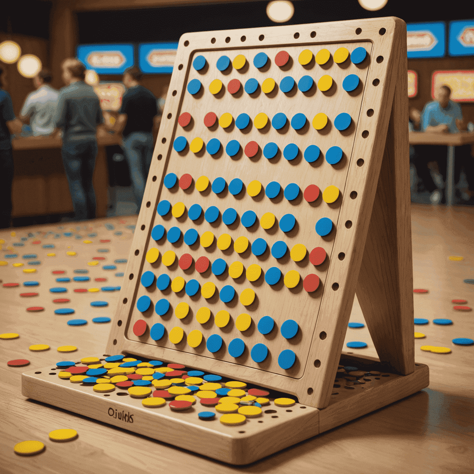 Ein Plinko-Brett mit fallenden Chips, die verschiedene Pfade nehmen. Im Hintergrund sind Anfänger zu sehen, die das Spiel beobachten und lernen.