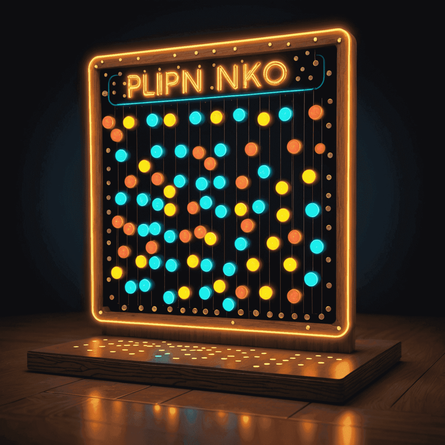 Ein Plinko-Spielbrett mit leuchtenden Neonpins und einer fallenden Scheibe, die einen Zickzack-Weg nach unten nimmt