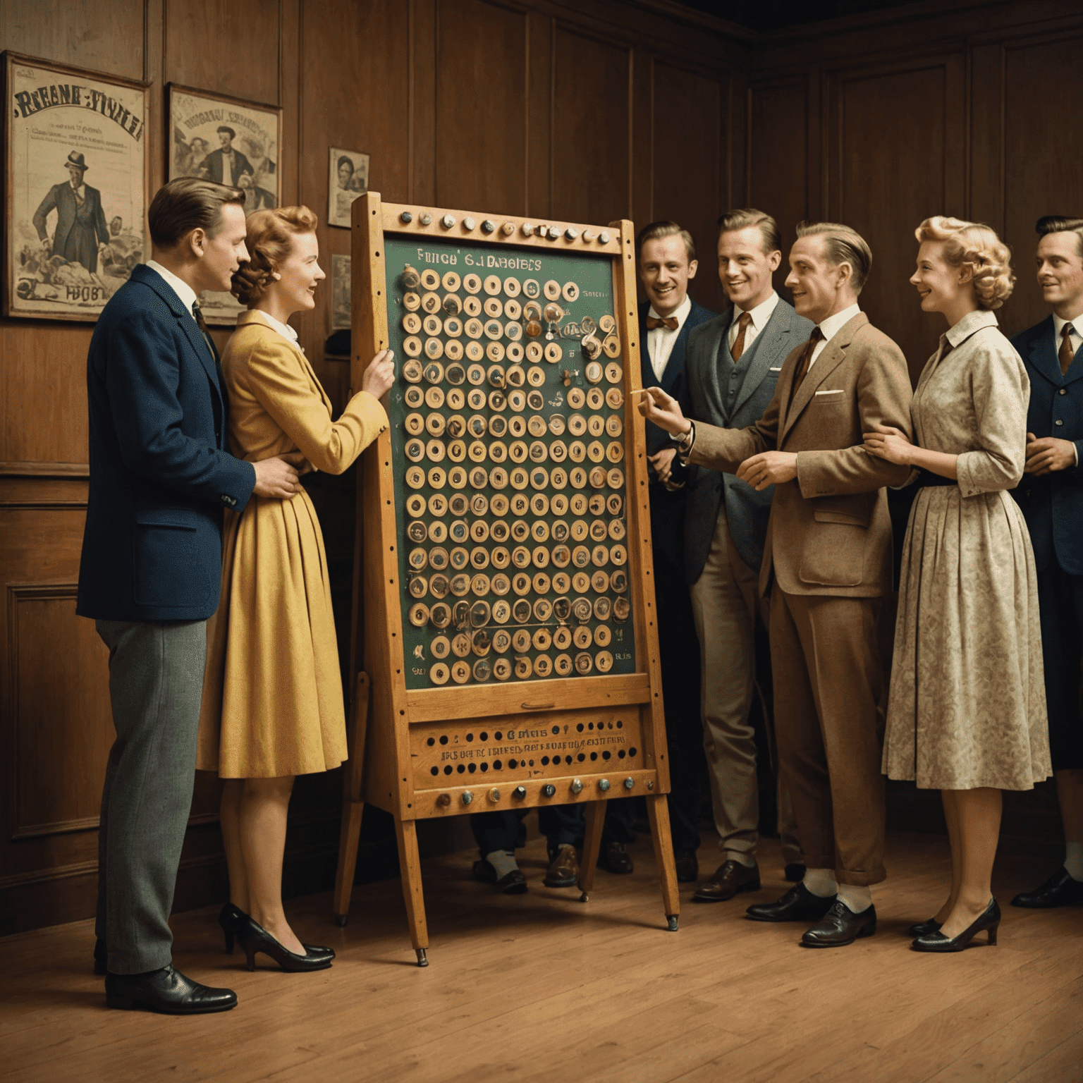 Ein historisches Plinko-Brett aus den 1950er Jahren in Deutschland, umgeben von begeisterten Spielern in zeitgenössischer Kleidung