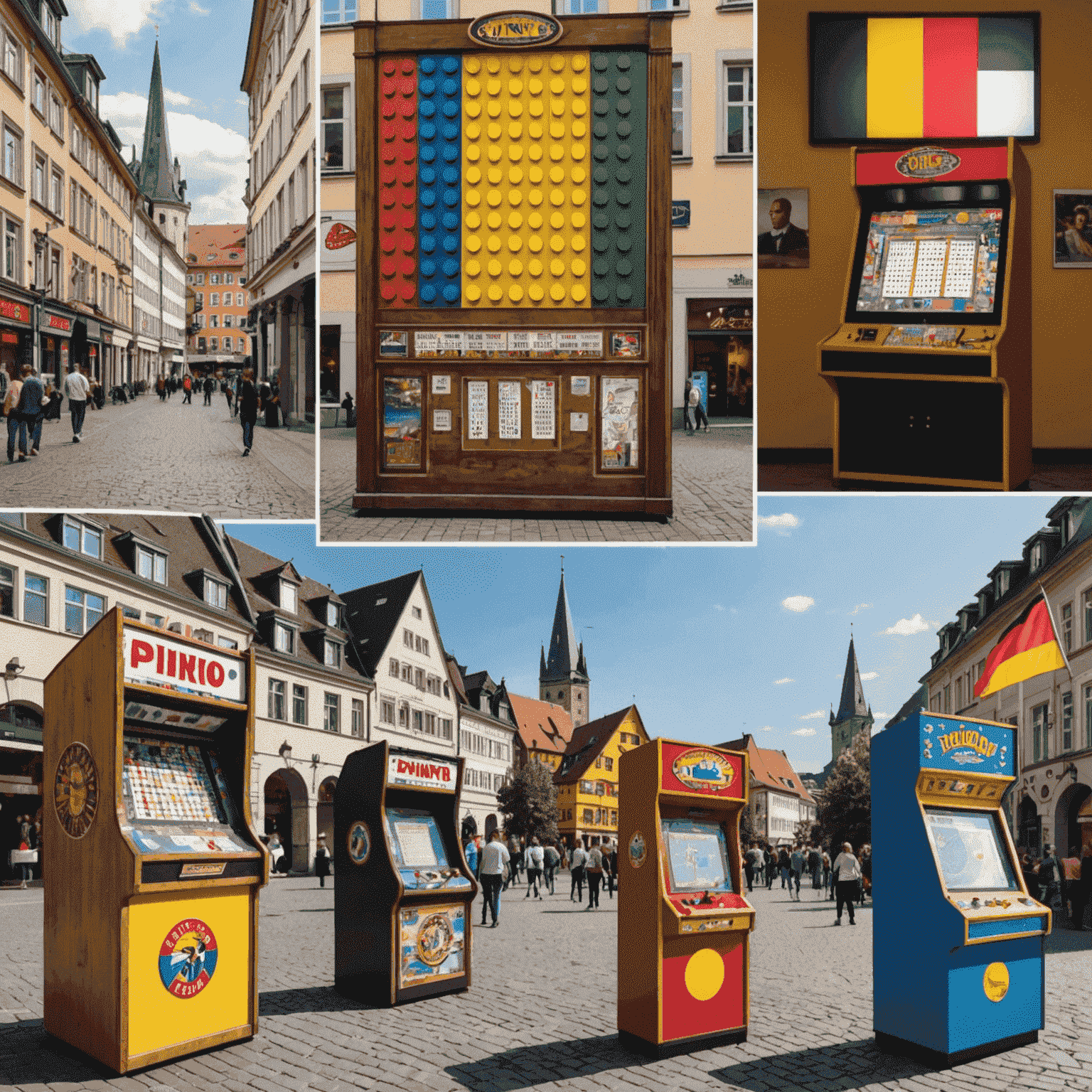 Eine Collage, die die Entwicklung von Plinko in Deutschland zeigt. Von alten Spielhallen bis hin zu modernen digitalen Versionen, mit deutschen Flaggen und Wahrzeichen im Hintergrund.