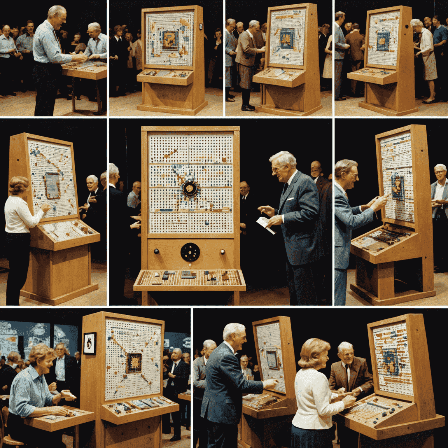 Eine Collage von historischen Bildern, die die Entwicklung von Plinko in Deutschland zeigen, einschließlich alter Spielgeräte und begeisterter Spieler.