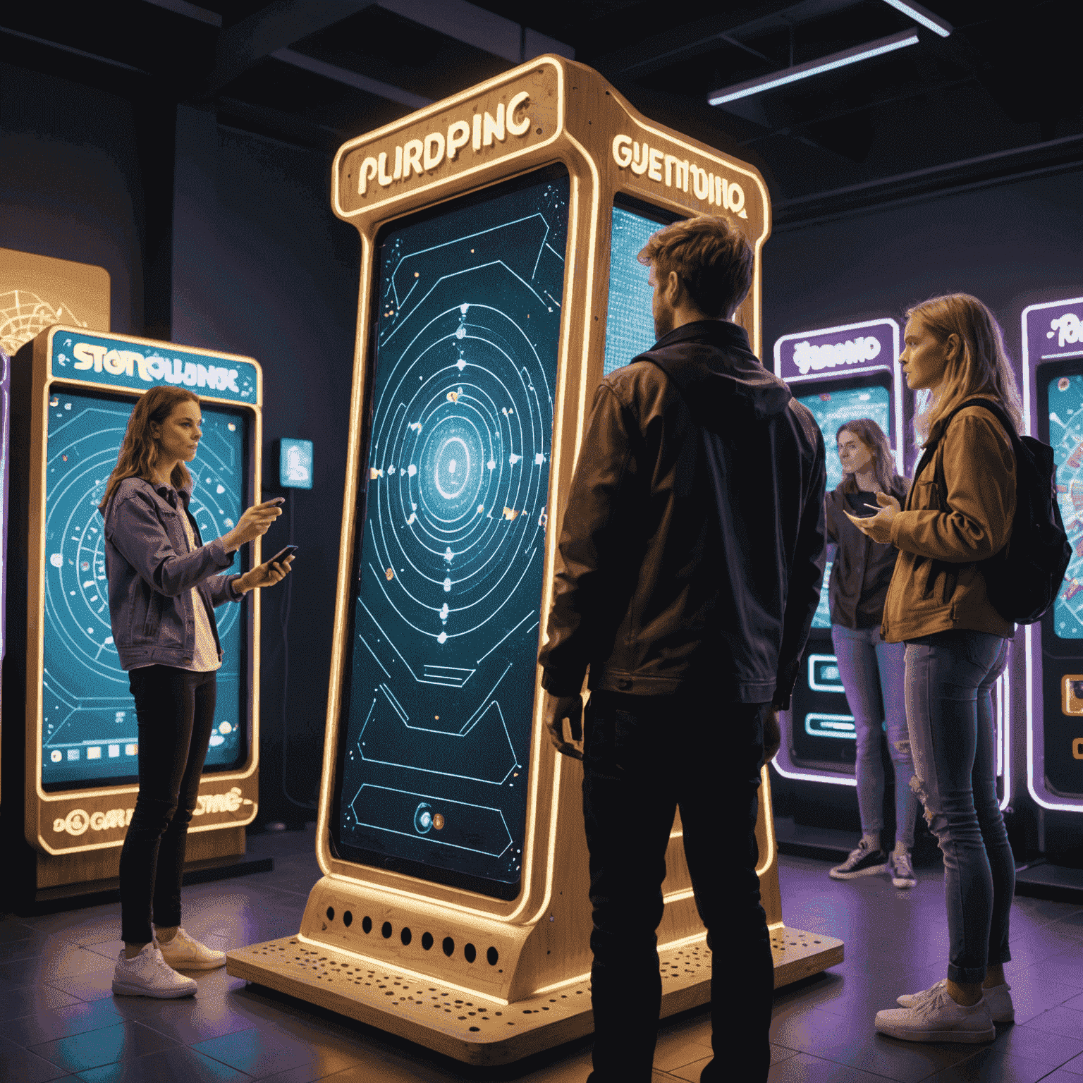 Futuristisches Plinko-Spiel mit AR-Technologie, gespielt von einer diversen Gruppe junger Deutscher in einem modernen Spielesalon