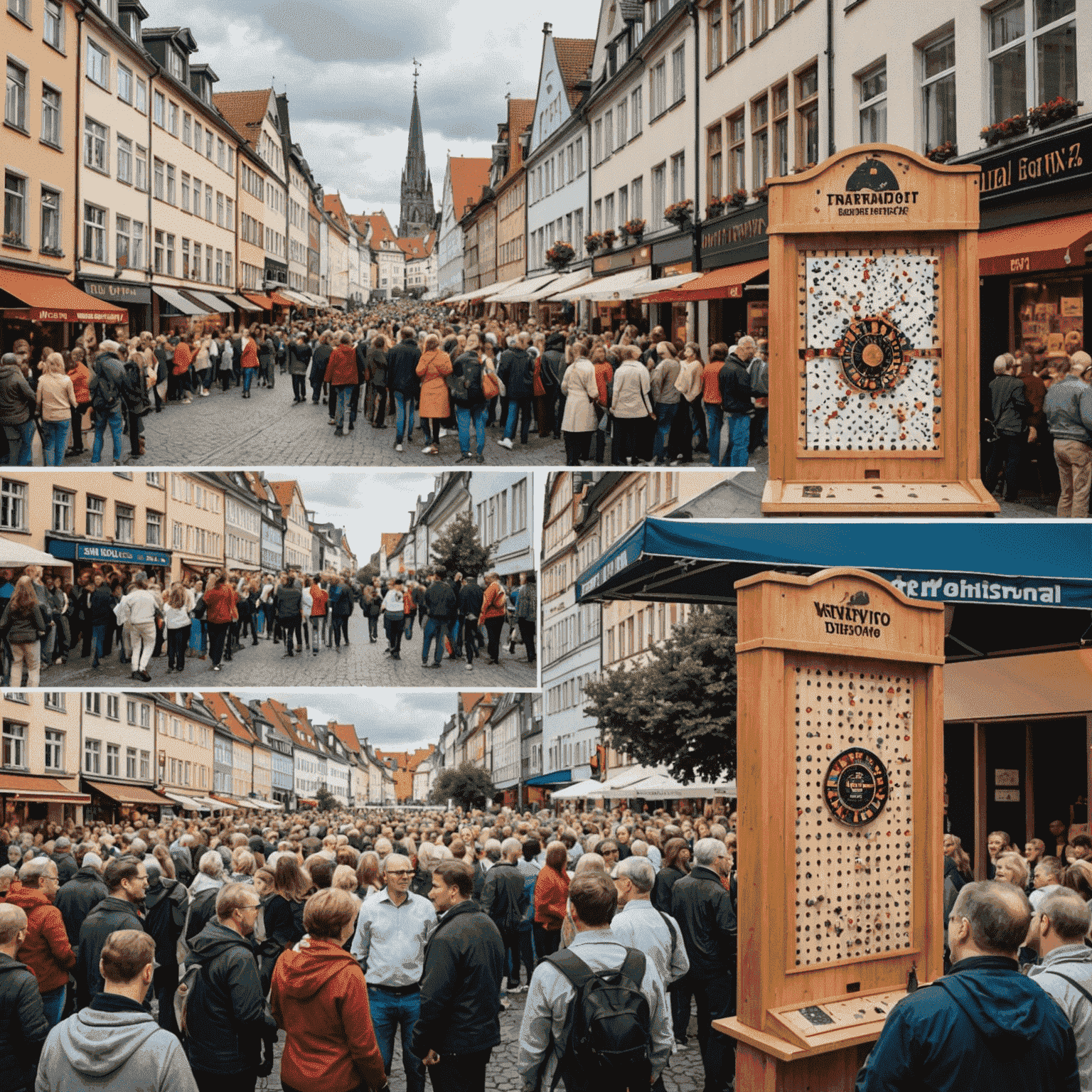 Eine Montage von deutschen Städten mit Plinko-Veranstaltungsplakaten und begeisterten Menschenmengen, die an Wentona-Events teilnehmen.